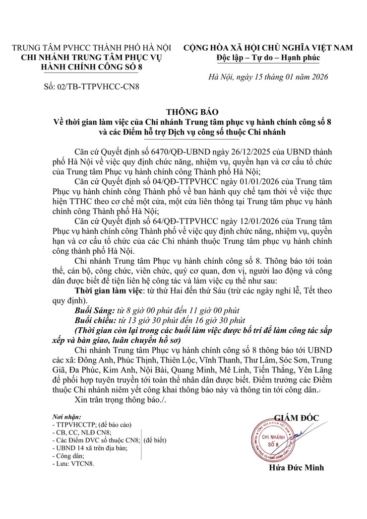 Thông báo thời gian làm việc của Chi nhánh Trung tâm Phục vụ hành chính công số 8- Ảnh 1.