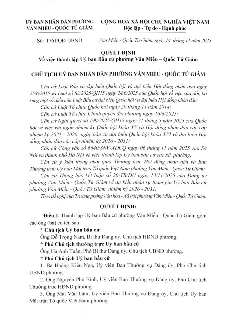 UBND PHƯỜNG VĂN MIẾU - QUỐC TỬ GIÁM BAN HÀNH VIỆC THÀNH LẬP ỦY BAN BẦU CỬ PHƯỜNG VĂN MIẾU - QUỐC TỬ GIÁM - Ảnh 1.