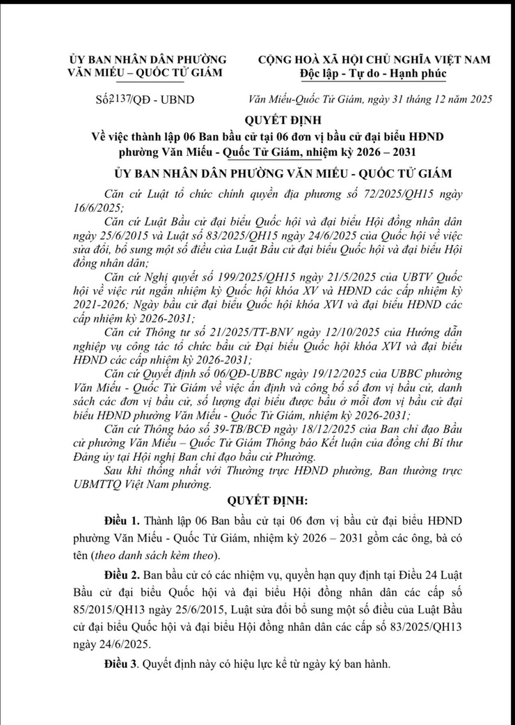 UBND PHƯỜNG VĂN MIẾU - QUỐC TỬ GIÁM BAN HÀNH QUYẾT ĐỊNH VỀ VIỆC THÀNH LẬP 06 BAN BẦU CỬ TẠI 06 ĐƠN VỊ BẦU CỬ ĐẠI BIỂU HĐND PHƯỜNG VĂN MIẾU- QUỐC TỬ GIÁM, NHIỆM KỲ 2026-2031- Ảnh 1.