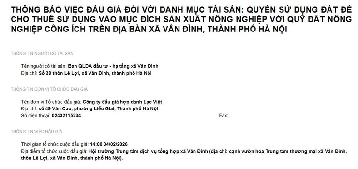Thông báo về việc đấu giá đối với danh mục tài sản : Quyền sử dụng đất để cho thuê sử dụng vào mục đích sản xuất nông nghiệp với quỹ đất nông nghiệp công ích trên địa bàn xã Vân Đình, Thành Phố Hà Nội.- Ảnh 1.