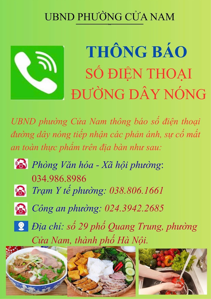 Thông báo số điện thoại đường dây nóng tiếp nhận các phản ánh, sự cố mất an toàn thực phẩm trên địa bàn phường Cửa Nam- Ảnh 1.