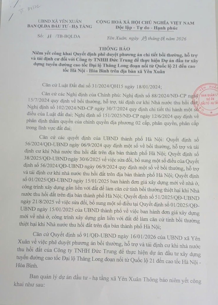 Thông báo: Niêm yết công khai Quyết định phê duyệt phương án chi tiết bồi thường, hỗ trợ và tái định cư đối với Công ty TNHH Đức Trung - Ảnh 1.