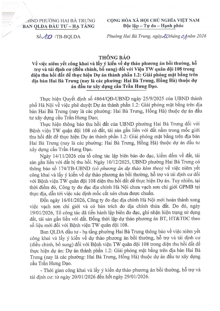 Thông báo về việc niêm yết công khai và lấy ý kiến về dự thảo phương án bồi thường, hỗ trợ và tái định cư (điều chỉnh, bổ sung) thuộc dự án đầu tư xây dựng cầu Trần Hưng Đạo.- Ảnh 1.