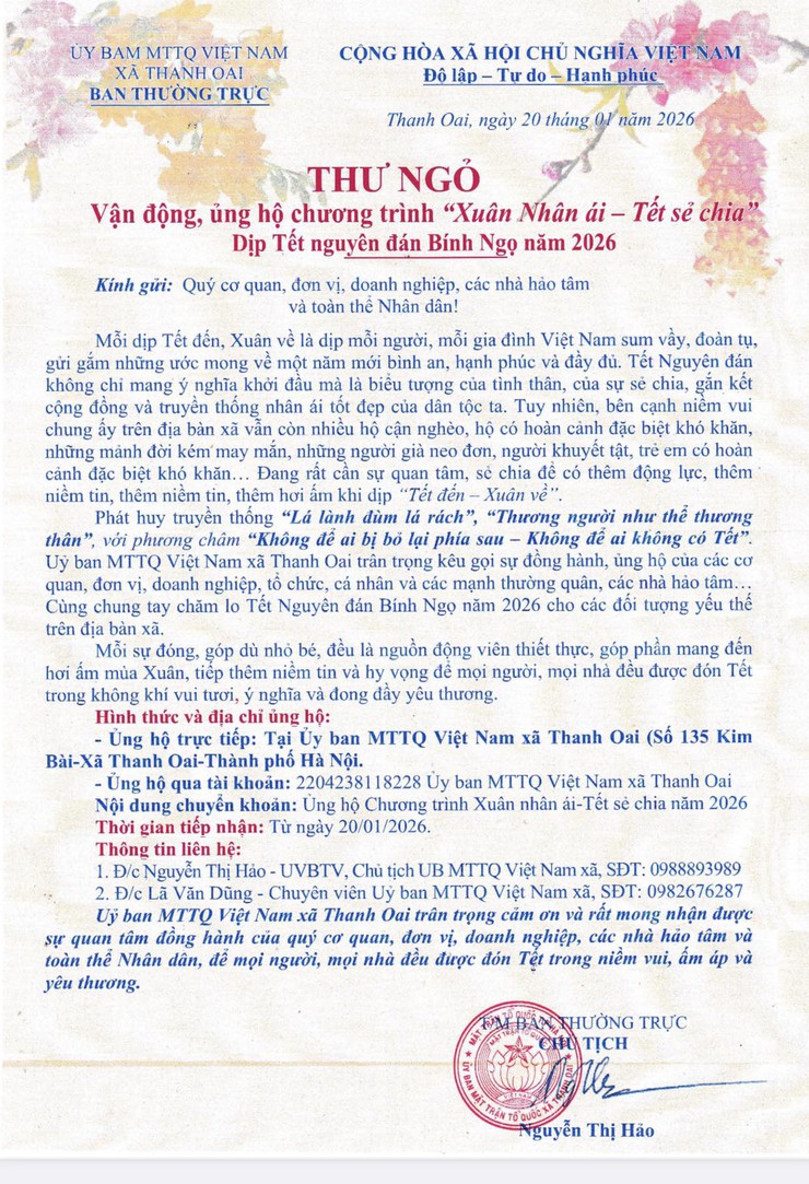 THƯ NGỎ VẬN ĐỘNG ỦNG HỘ CHƯƠNG TRÌNH "XUÂN NHÂN ÁI – TẾT SẺ CHIA"- Ảnh 1.