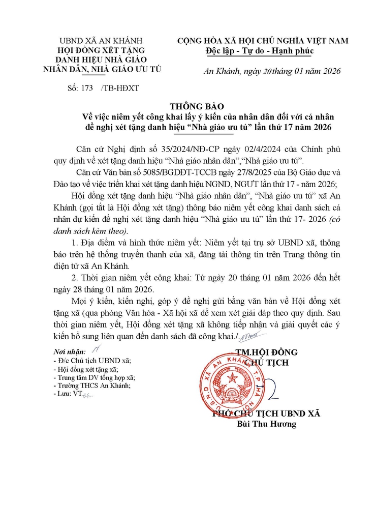 Thông báo: Niêm yết công khai lấy ý kiến của Nhân dân đối với cá nhân đề nghị xét tặng danh hiệu "Nhà giáo ưu tú" lần thứ 17 năm 2026- Ảnh 1.