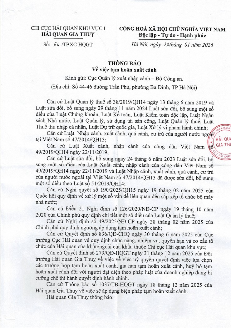 Thông báo về việc tạm hoãn xuất cảnh đối với ông Nguyễn Quang Tĩnh xóm 8, thôn Tế Xuyên, xã Đình Xuyên, huyện Gia Lâm, Hà Nội.- Ảnh 1.