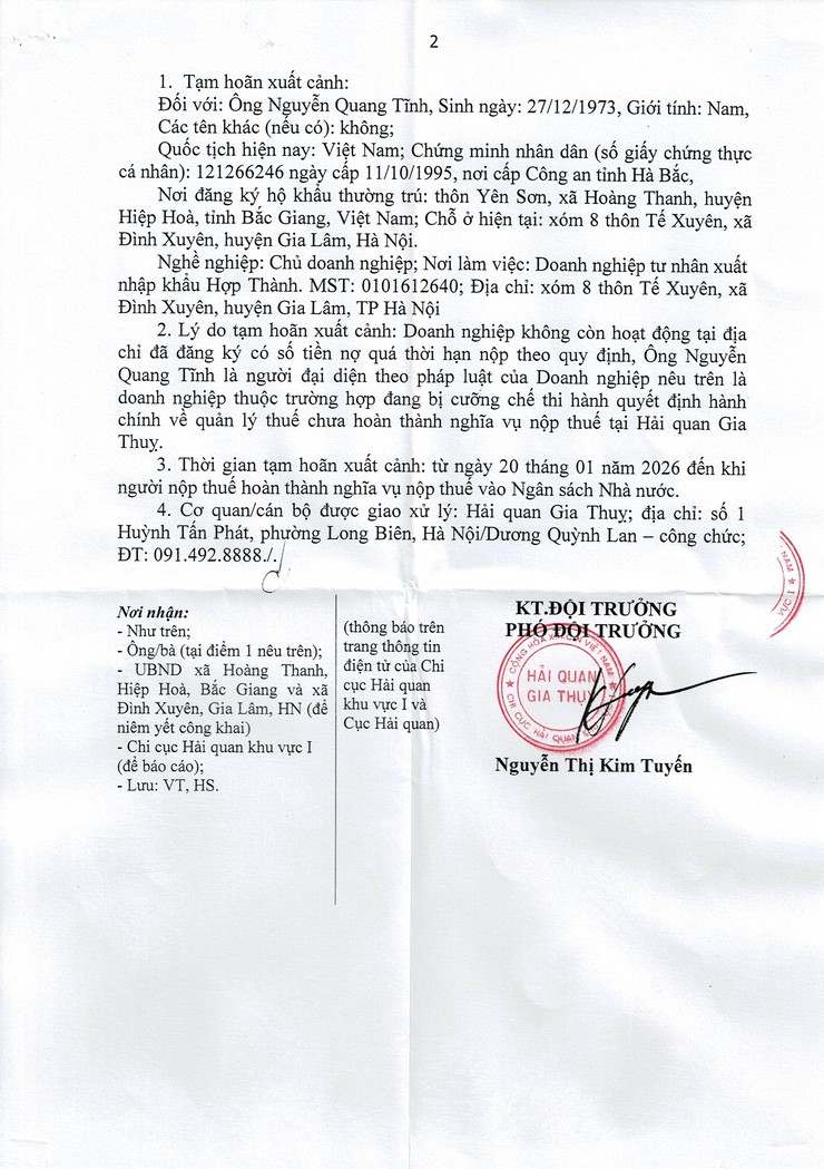 Thông báo về việc tạm hoãn xuất cảnh đối với ông Nguyễn Quang Tĩnh xóm 8, thôn Tế Xuyên, xã Đình Xuyên, huyện Gia Lâm, Hà Nội.- Ảnh 2.