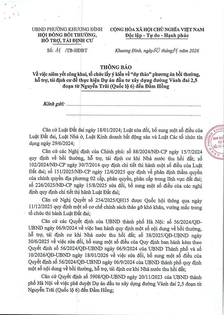 Thông báo: Lấy ý kiến về dự thảo phương án bồi thường, hỗ trợ, tái định cư để thực hiện Dự án đầu tư xây dựng đường Vành đai 2,5- Ảnh 1.