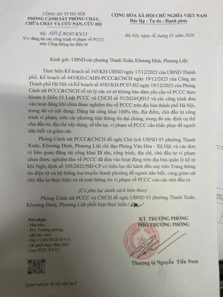 Công trình vi phạm về PCCC trên địa bàn các phường Thanh Xuân, Khương Đình, Phương Liệt- Ảnh 1.