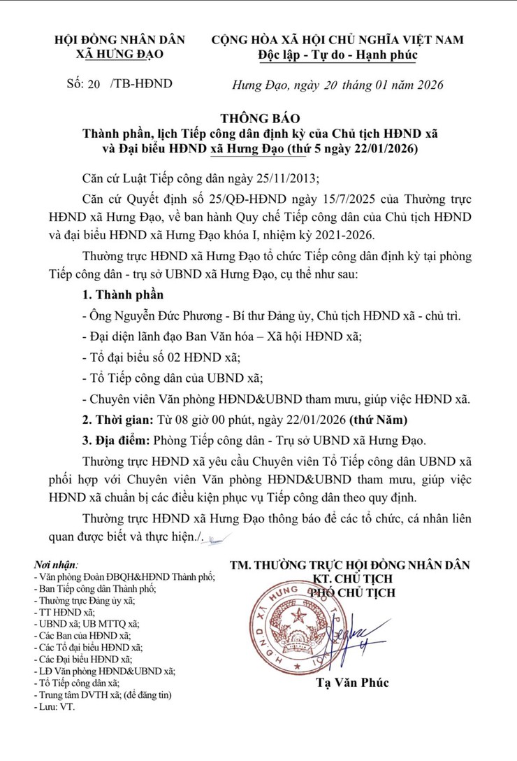 THÔNG BÁO
Thành phần, lịch Tiếp công dân định kỳ của Chủ tịch HĐND xã và Đại biểu HĐND xã Hưng Đạo (thứ 5 ngày 22/01/2026)- Ảnh 1.