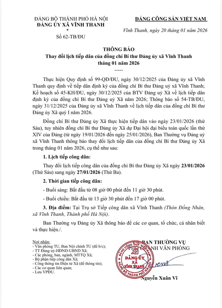 ĐẢNG ỦY XÃ VĨNH THANH THÔNG BÁO THAY ĐỔI LỊCH TIẾP DÂN CỦA BÍ THƯ ĐẢNG ỦY THÁNG 01/2026- Ảnh 1.