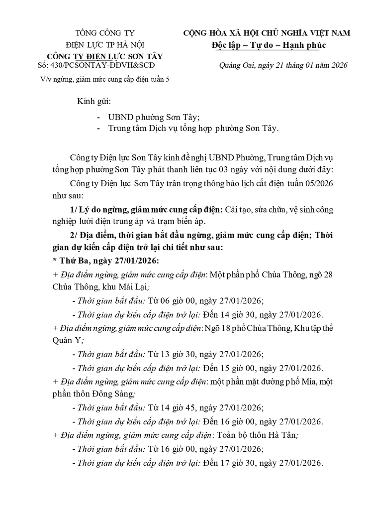 Thông báo công khai về việc ngừng, giảm mức cung cấp điện Tuần 5 của Công ty Điện lực Sơn Tây- Ảnh 1.