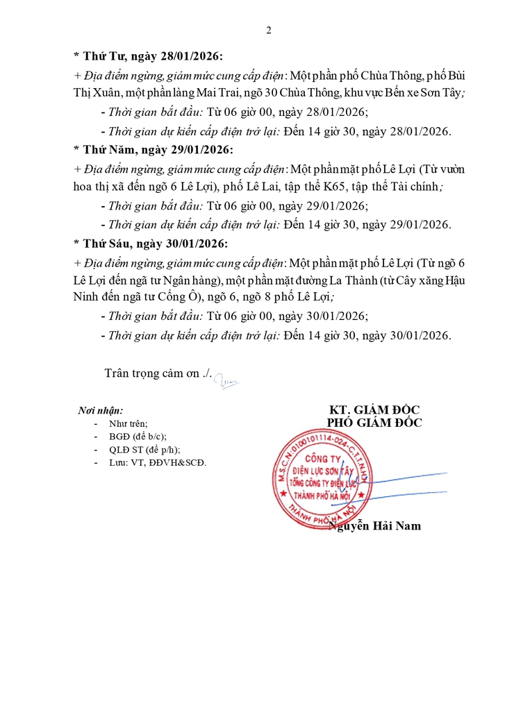 Thông báo công khai về việc ngừng, giảm mức cung cấp điện Tuần 5 của Công ty Điện lực Sơn Tây- Ảnh 2.