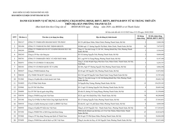 Danh sách đơn vị sử dụng lao động chậm đóng BHXH, BHYT trên địa bàn phường Thanh Xuân- Ảnh 1.