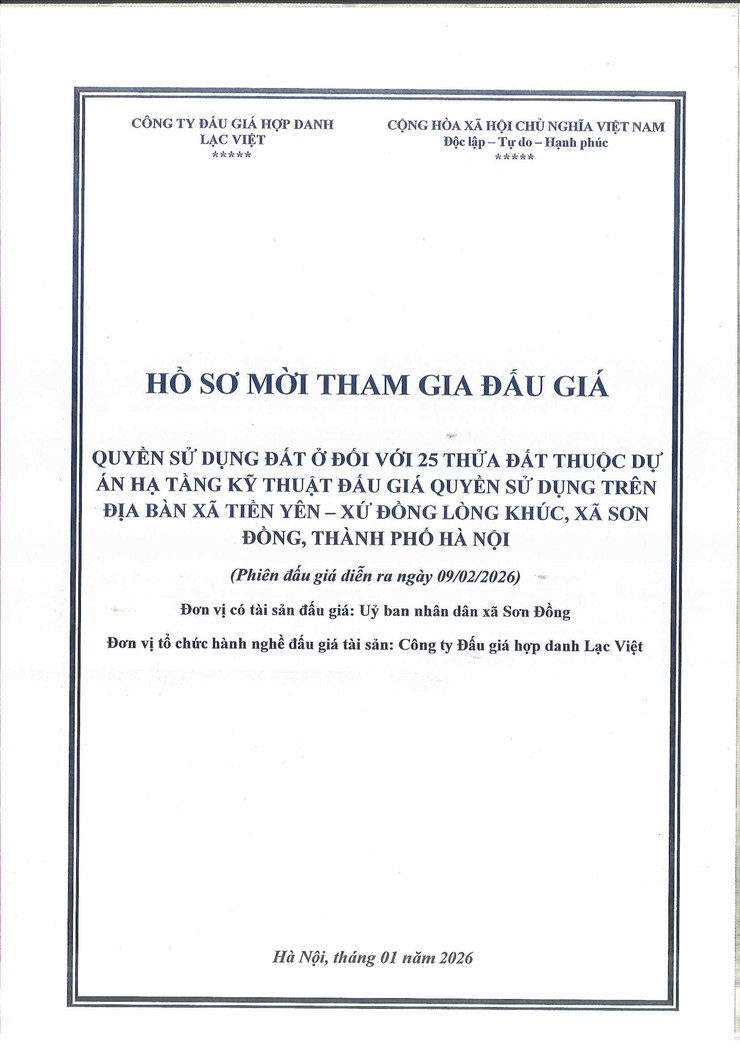Thông báo đấu giá quyền sử dụng đất ở đối với 25 thửa đất trên địa bàn Tiền Yên - xứ đồng Lòng Khúc, xã Sơn Đồng, thành phố Hà Nội- Ảnh 1.