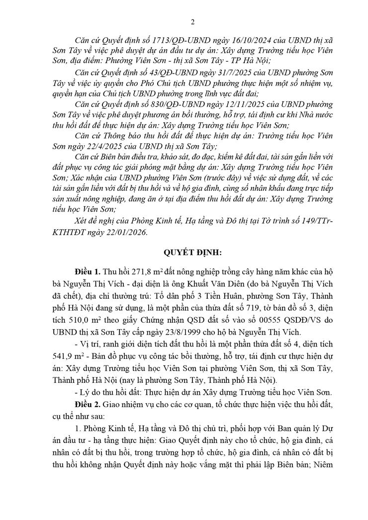 Thông báo công khai Quyết định thu hồi đất để thực hiện Dự án (đại diện là ông Khuất Văn Diên - Tổ dân phố 3 Tiền Huân)- Ảnh 2.