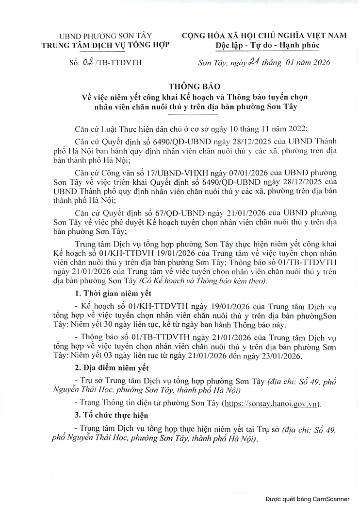Thông báo niêm yết công khai Kế hoạch và Thông báo tuyển chọn nhân viên chăn nuôi thú y trên địa bàn phường- Ảnh 1.