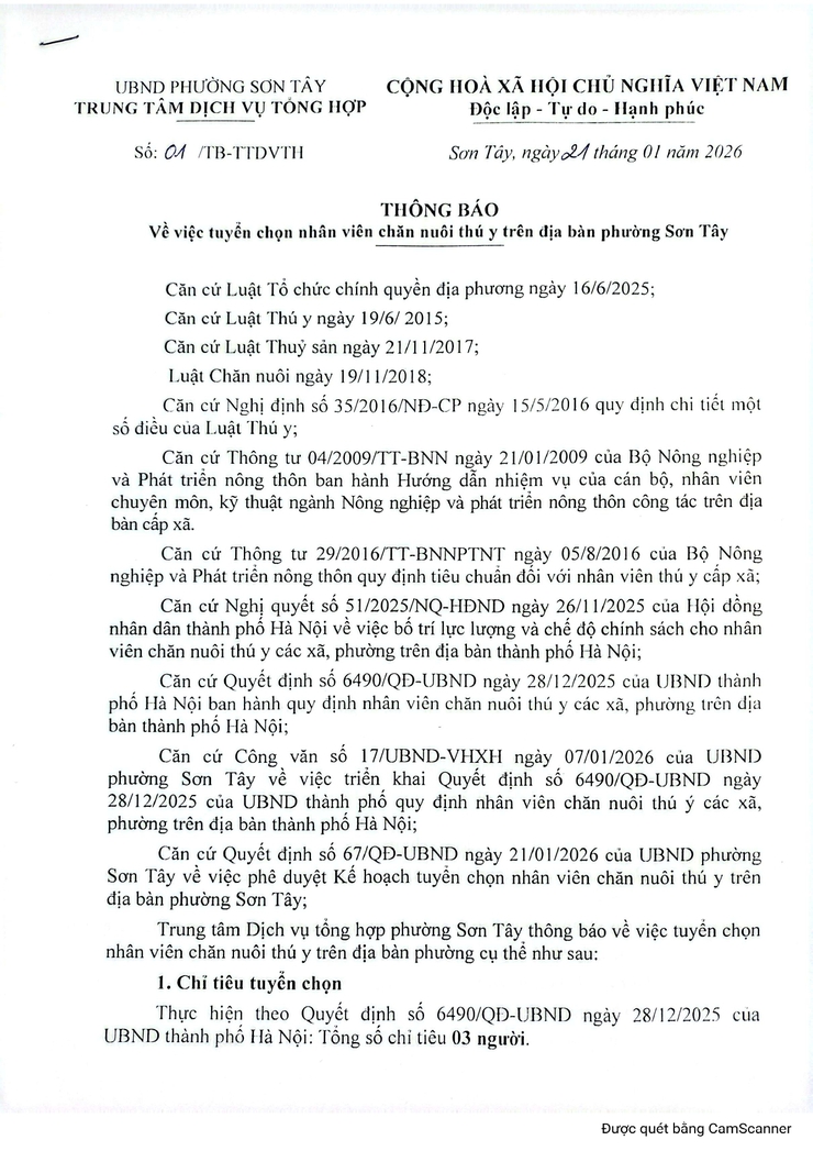 Thông báo công khai tuyển chọn nhân viên chăn nuôi thú y trên địa bàn phường Sơn Tây- Ảnh 1.