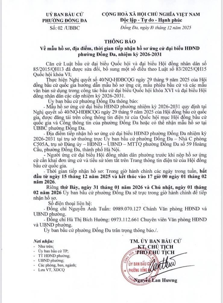Thông báo về mẫu hồ sơ, địa điểm, thời gian tiếp nhận hồ sơ ứng cử đại biểu HĐND phường Đống Đa nhiệm ký 2026 - 2031- Ảnh 1.
