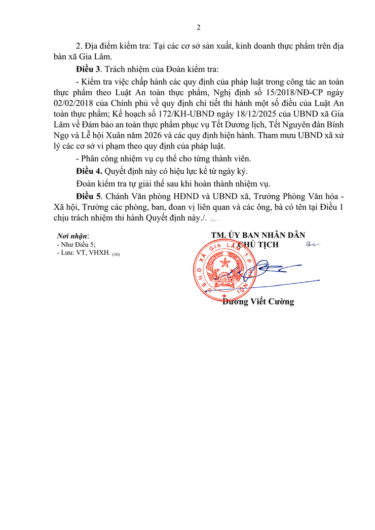 Quyết định về việc thành lập đoàn kiểm tra liên ngành An toàn thực phẩm dịp Tết Dương lịch, Tết Nguyên đán Bính Ngọ và Lễ hội xuân năm 2026 trên địa bàn xã Gia Lâm- Ảnh 2.