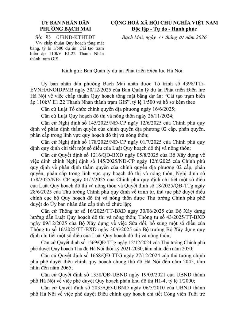 Công văn số 83/UBND-KTHTĐT ngày 15/01/2026 của UBND phường Bạch Mai về việc chấp thuận Quy hoạch tổng mặt bằng, tỷ lệ 1/500 dự án: Cải tạo trạm biến áp 110kV E1.22 Thanh Nhàn thành trạm GIS- Ảnh 1.