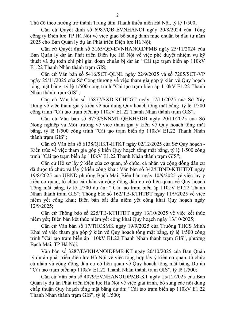 Công văn số 83/UBND-KTHTĐT ngày 15/01/2026 của UBND phường Bạch Mai về việc chấp thuận Quy hoạch tổng mặt bằng, tỷ lệ 1/500 dự án: Cải tạo trạm biến áp 110kV E1.22 Thanh Nhàn thành trạm GIS- Ảnh 2.
