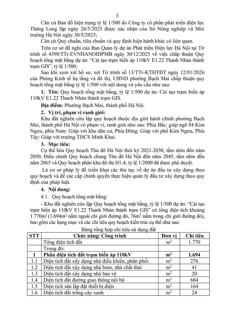 Công văn số 83/UBND-KTHTĐT ngày 15/01/2026 của UBND phường Bạch Mai về việc chấp thuận Quy hoạch tổng mặt bằng, tỷ lệ 1/500 dự án: Cải tạo trạm biến áp 110kV E1.22 Thanh Nhàn thành trạm GIS- Ảnh 3.