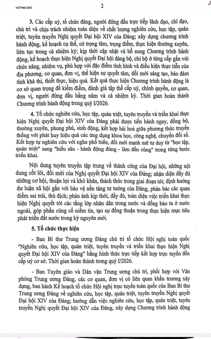 TOÀN VĂN CHỈ THỊ SỐ 01-CT/TW, NGÀY 23/01/2026 CỦA BỘ CHÍNH TRỊ VỀ NGHIÊN CỨU, HỌC TẬP, QUÁN TRIỆT, TUYÊN TRUYỀN VÀ TRIỂN KHAI THỰC HIỆN NGHỊ QUYẾT ĐẠI HỘI ĐẠI BIỂU TOÀN QUỐC LẦN THỨ XIV CỦA ĐẢNG- Ảnh 2.