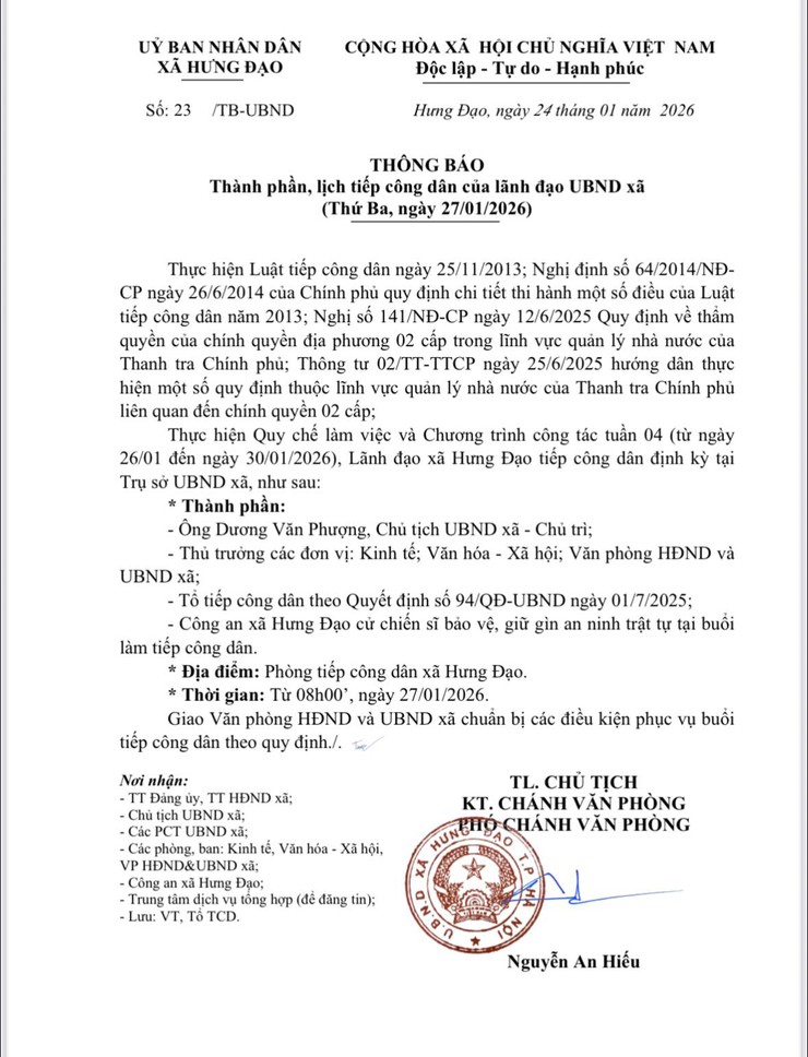 THÔNG BÁO
Thành phần, lịch tiếp công dân của lãnh đạo UBND xã
(Thứ Ba, ngày 27/01/2026)- Ảnh 1.