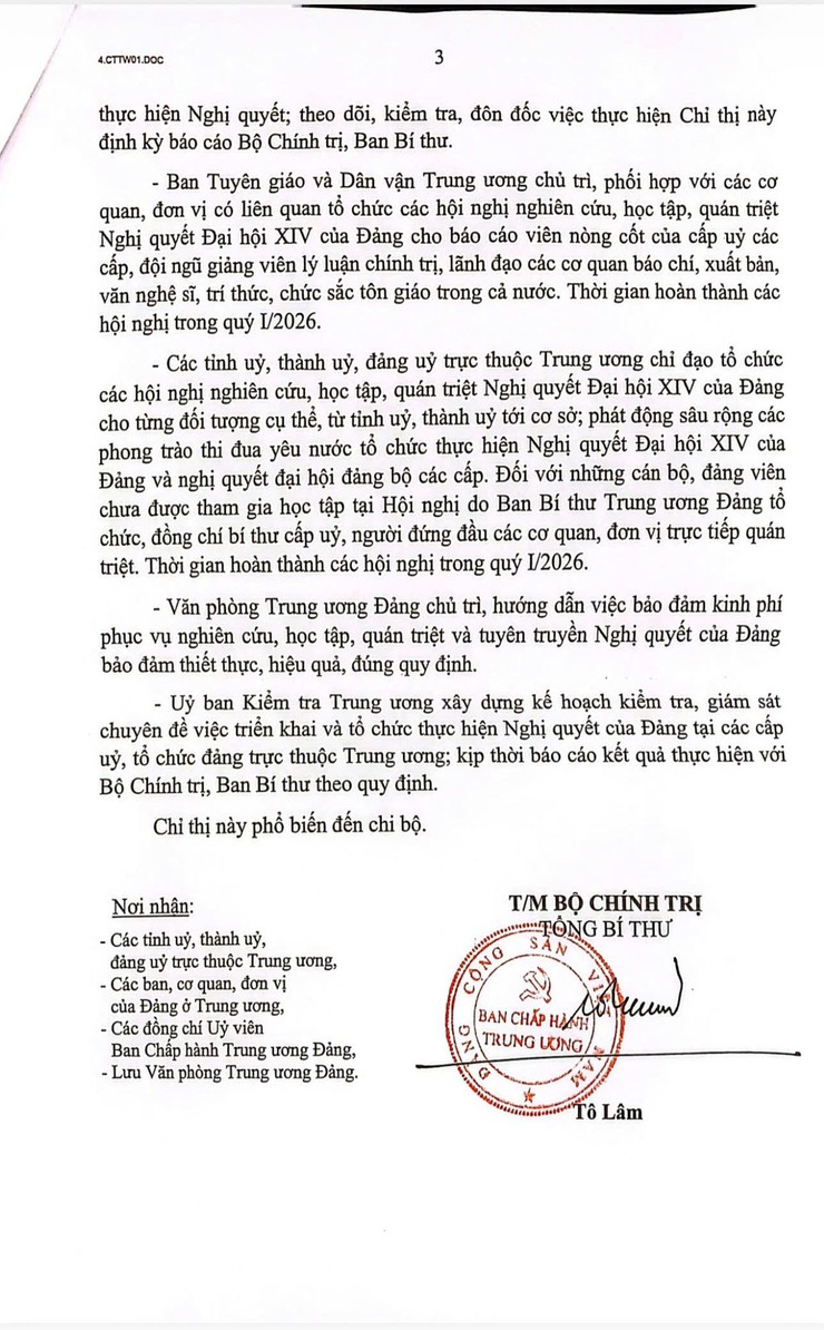 TOÀN VĂN CHỈ THỊ SỐ 01-CT/TW, NGÀY 23/01/2026 CỦA BỘ CHÍNH TRỊ VỀ NGHIÊN CỨU, HỌC TẬP, QUÁN TRIỆT, TUYÊN TRUYỀN VÀ TRIỂN KHAI THỰC HIỆN NGHỊ QUYẾT ĐẠI HỘI ĐẠI BIỂU TOÀN QUỐC LẦN THỨ XIV CỦA ĐẢNG- Ảnh 3.