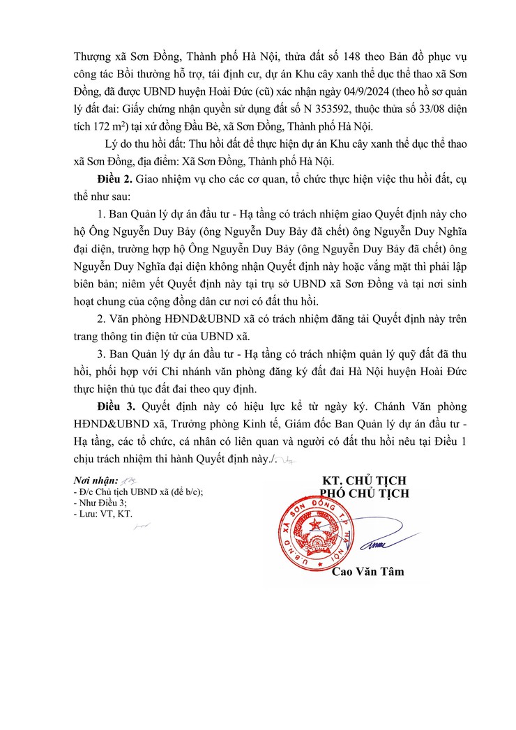 Quyết định thu hồi đất để thực hiện dự án: Khu cây xanh thể dục thể thao xã Sơn Đồng, tại xã Sơn Đồng, thành phố Hà Nội- Ảnh 2.