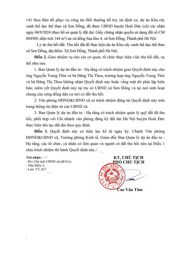 Quyết định thu hồi đất để thực hiện dự án: Khu cây xanh thể dục thể thao xã Sơn Đồng, tại xã Sơn Đồng, thành phố Hà Nội- Ảnh 12.