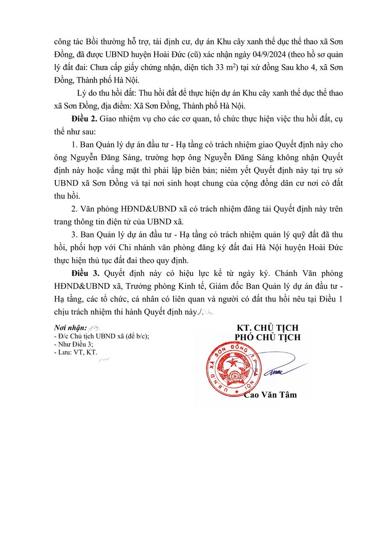 Quyết định thu hồi đất để thực hiện dự án: Khu cây xanh thể dục thể thao xã Sơn Đồng, tại xã Sơn Đồng, thành phố Hà Nội- Ảnh 24.