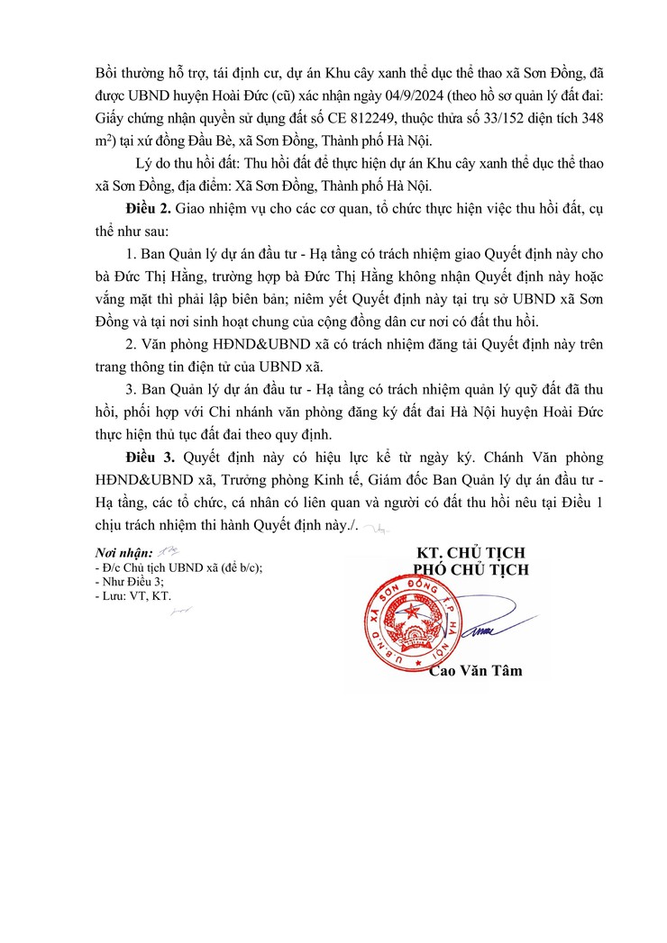 Quyết định thu hồi đất để thực hiện dự án: Khu cây xanh thể dục thể thao xã Sơn Đồng, tại xã Sơn Đồng, thành phố Hà Nội- Ảnh 26.