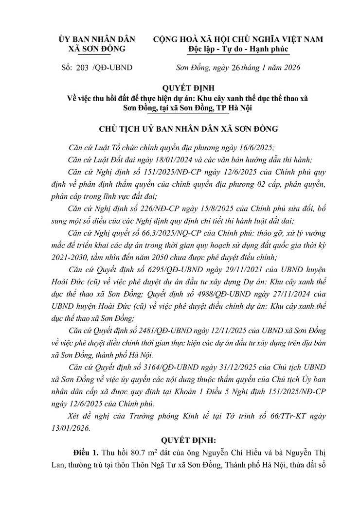 Quyết định thu hồi đất để thực hiện dự án: Khu cây xanh thể dục thể thao xã Sơn Đồng, tại xã Sơn Đồng, thành phố Hà Nội- Ảnh 27.
