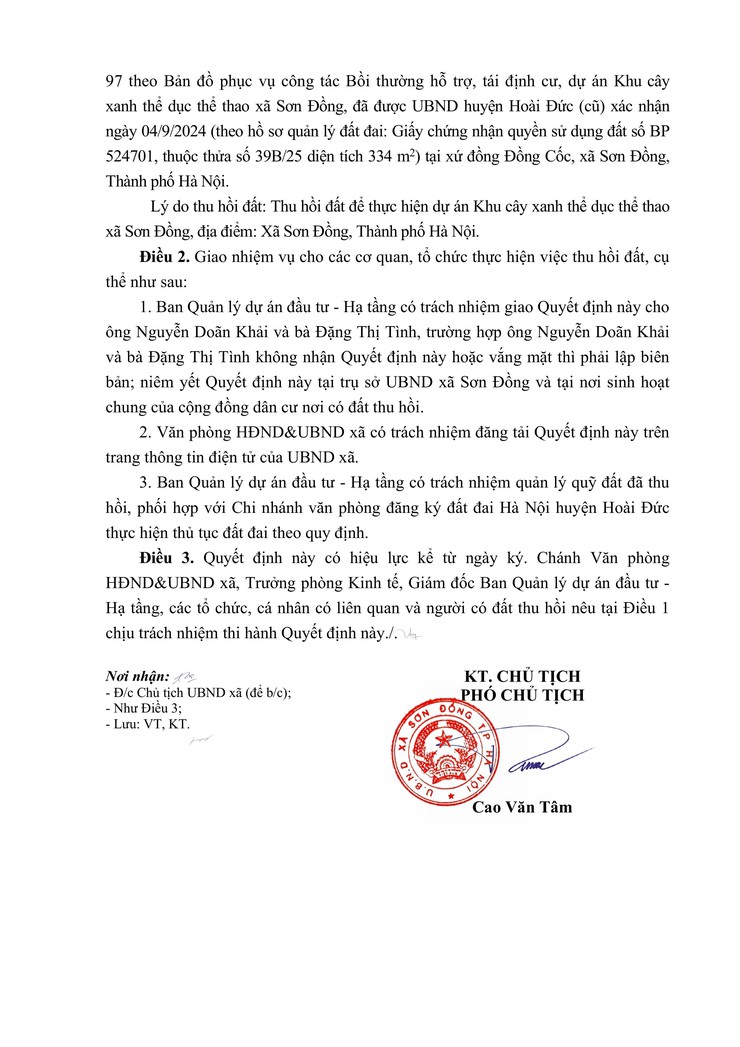 Quyết định thu hồi đất để thực hiện dự án: Khu cây xanh thể dục thể thao xã Sơn Đồng, tại xã Sơn Đồng, thành phố Hà Nội- Ảnh 4.