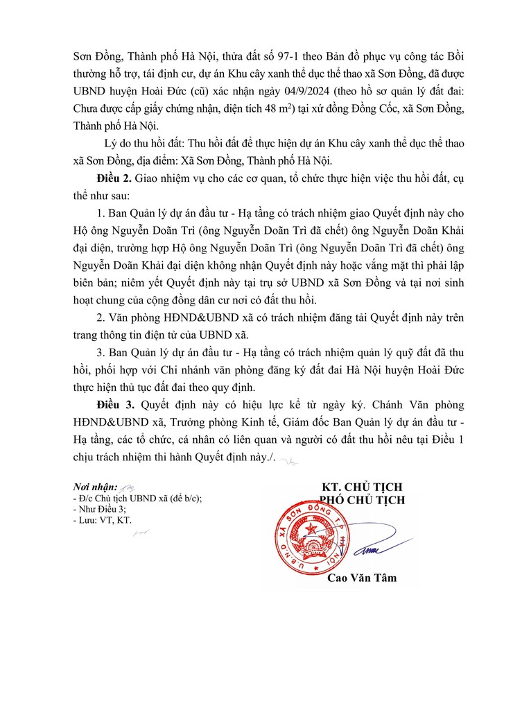 Quyết định thu hồi đất để thực hiện dự án: Khu cây xanh thể dục thể thao xã Sơn Đồng, tại xã Sơn Đồng, thành phố Hà Nội- Ảnh 6.