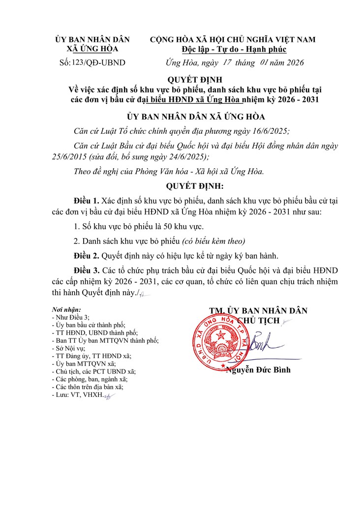  Quyết định xác định số khu vực bỏ phiếu bầu cử đại biểu HĐND xã Ứng Hoà, nhiệm kỳ 2026–2031. - Ảnh 1.