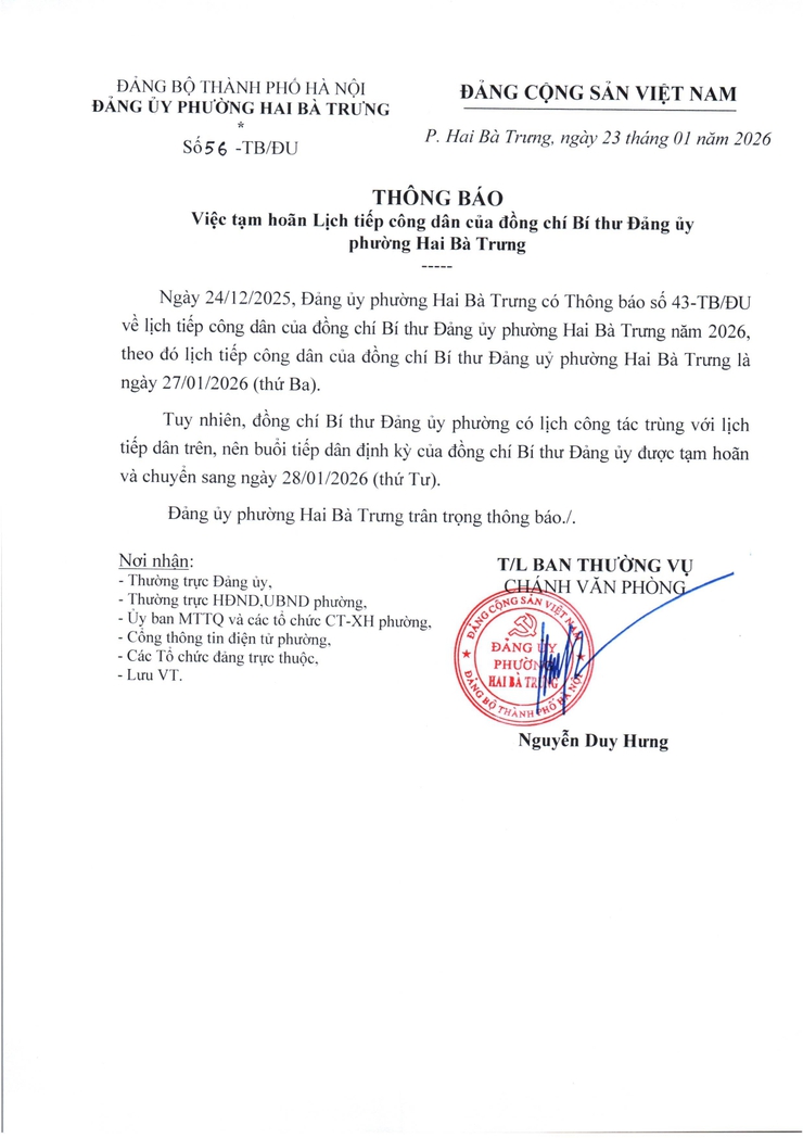 Thông báo việc tạm hoãn Lịch tiếp công dân của đồng chí Bí thư Đảng ủy phường Hai Bà Trưng.- Ảnh 1.