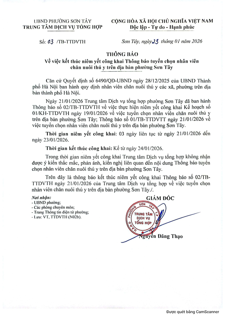 Thông báo kết thúc công khai Thông báo tuyển chọn nhân viên chăn nuôi thú y trên địa bàn phường Sơn Tây- Ảnh 1.