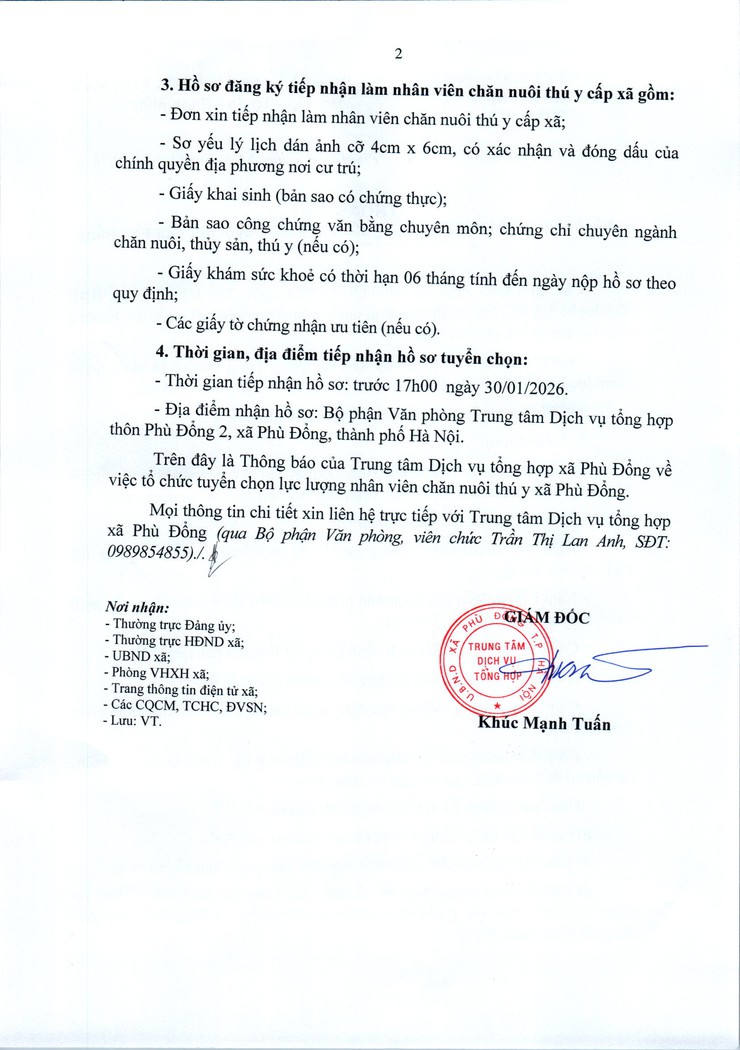 Thông báo về tổ chức tuyển chọn lực lượng nhân viên chăn nuôi thú y xã Phù Đổng- Ảnh 2.