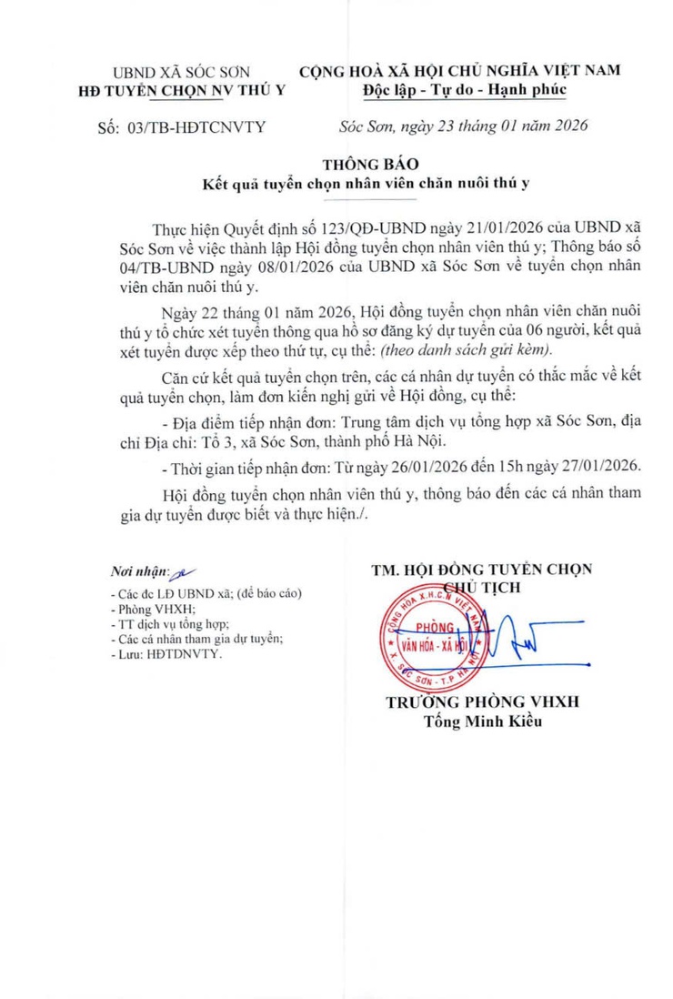 Xã Sóc Sơn thông báo
Kết quả tuyển chọn nhân viên chăn nuôi thú y - Ảnh 1.