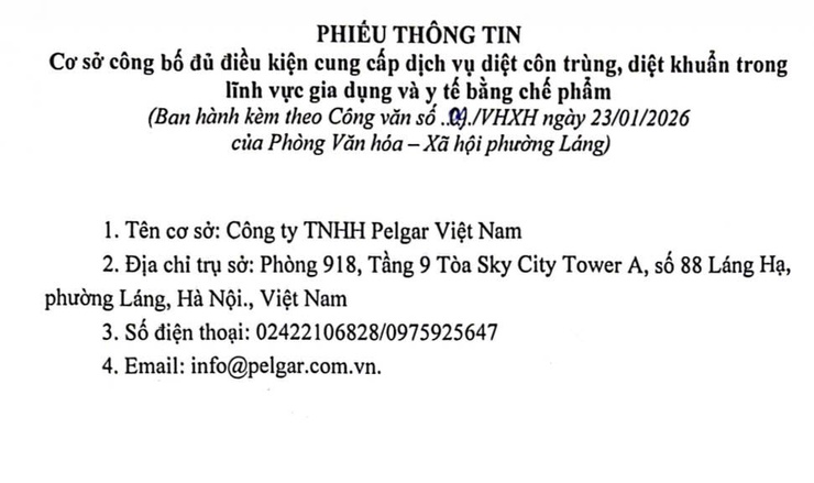Cơ sở công bố đủ điều kiện cung cấp dịch vụ diệt côn trùng, diệt khuẩn trong lĩnh vực gia dụng và y tế bằng chế phẩm.- Ảnh 1.