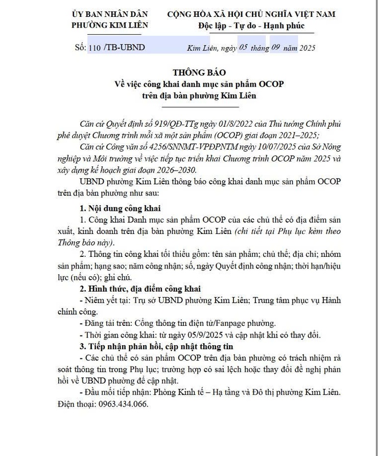 Phường Kim Liên: thông báo về việc công khai danh mục sản phẩm OCOP trên địa bàn phường Kim Liên- Ảnh 1.