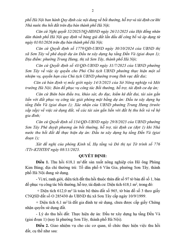 Thông báo công khai Quyết định thu hồi đất để thực hiện Dự án (hộ ông Phùng Kim Bảng - Tổ dân phố 6 Vân Gia)- Ảnh 2.