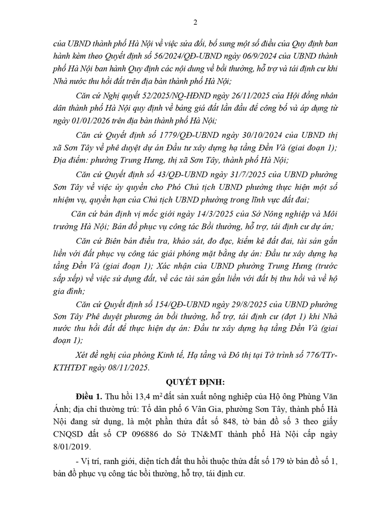 Thông báo công khai Quyết định thu hồi đất để thực hiện Dự án (hộ ông Phùng Văn Ánh - Tổ dân phố 6 Vân Gia)- Ảnh 2.