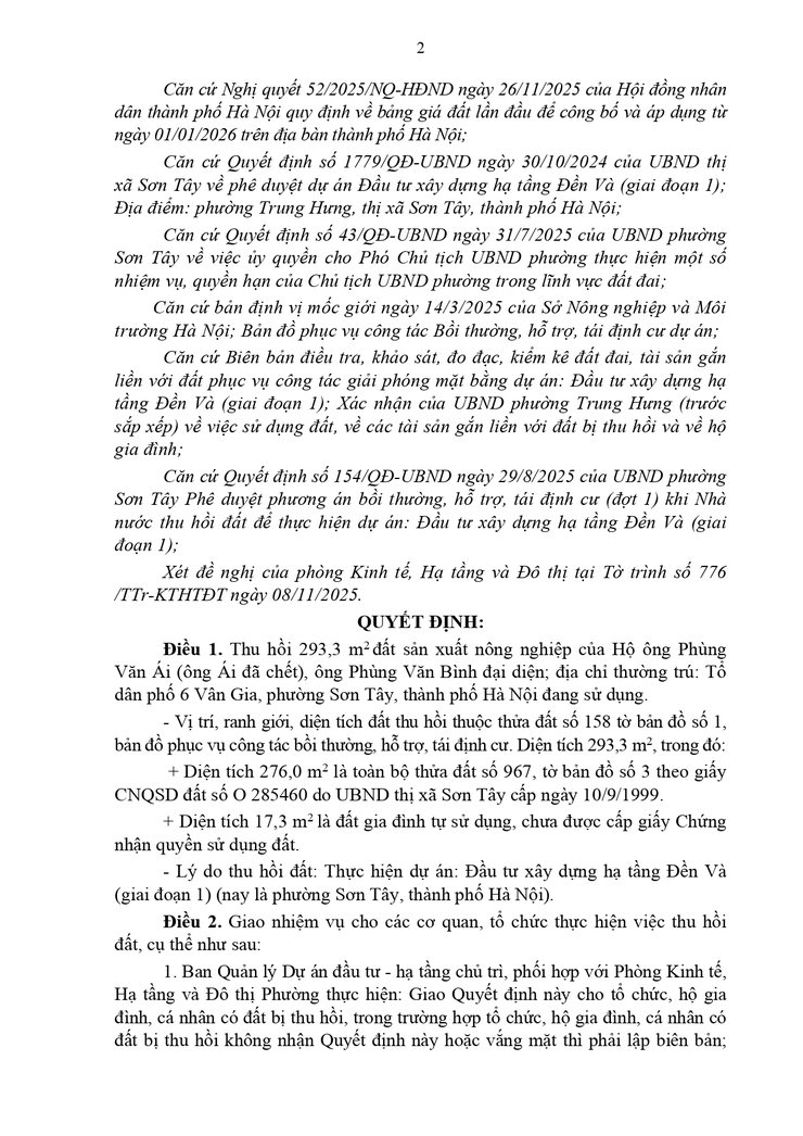 Thông báo công khai Quyết định thu hồi đất để thực hiện Dự án (Đại diện ông Phùng Văn Bình - Tổ dân phố 6 Vân Gia)- Ảnh 2.