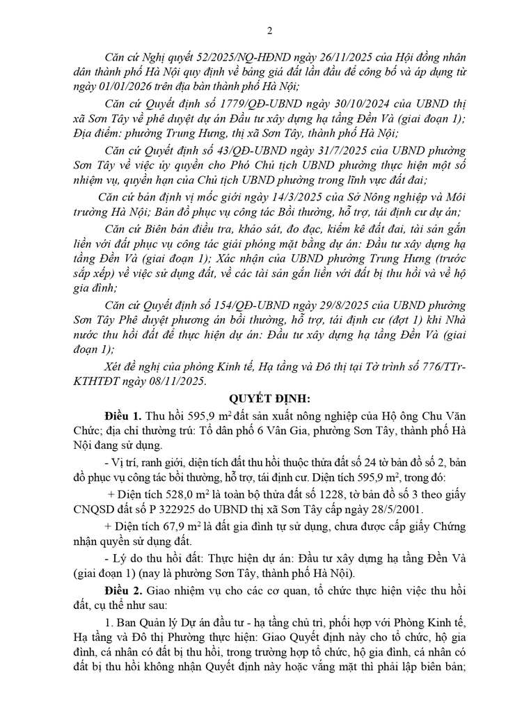 Thông báo công khai Quyết định thu hồi đất để thực hiện Dự án (hộ ông Chu Văn Chức- Tổ dân phố 6 Vân Gia)- Ảnh 2.