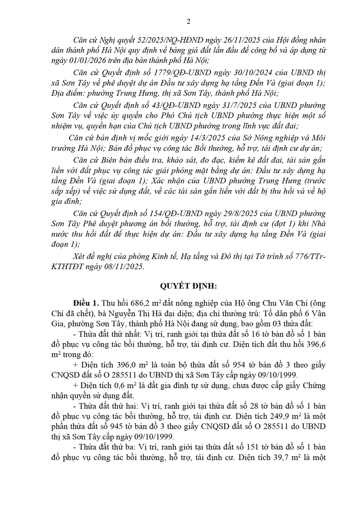 Thông báo công khai Quyết định thu hồi đất để thực hiện Dự án (Đại diện bà Nguyễn Thị Hà- Tổ dân phố 6 Vân Gia)- Ảnh 2.