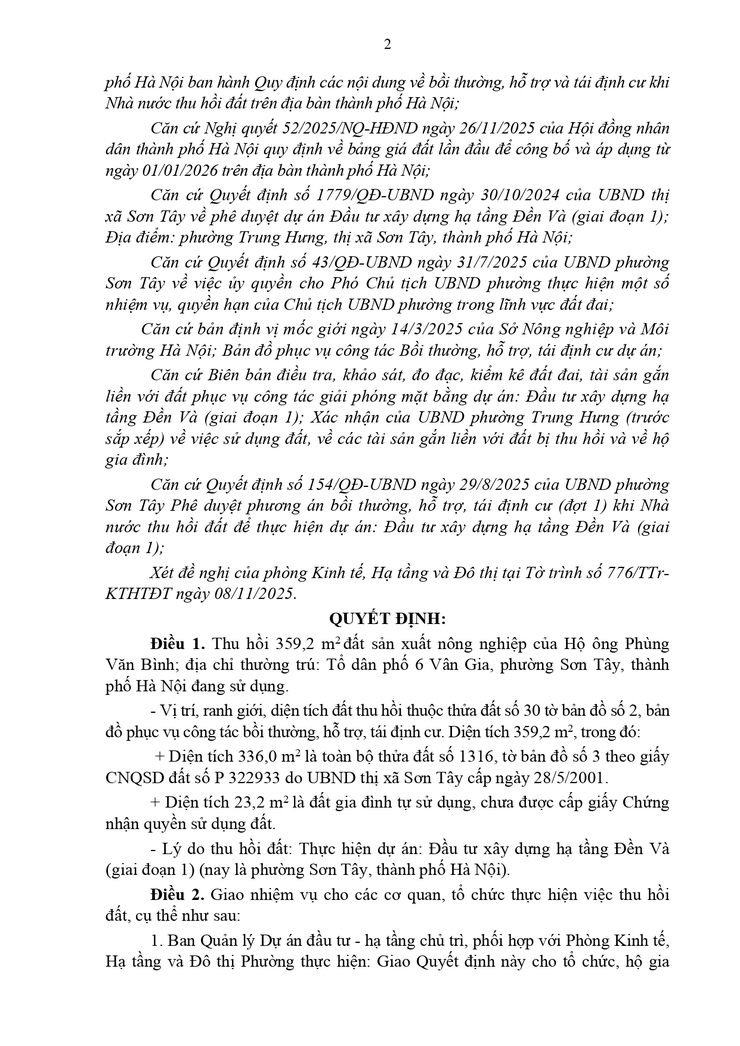 Thông báo công khai Quyết định thu hồi đất để thực hiện Dự án (hộ ông Phùng Văn Bình - Tổ dân phố 6 Vân Gia)- Ảnh 2.